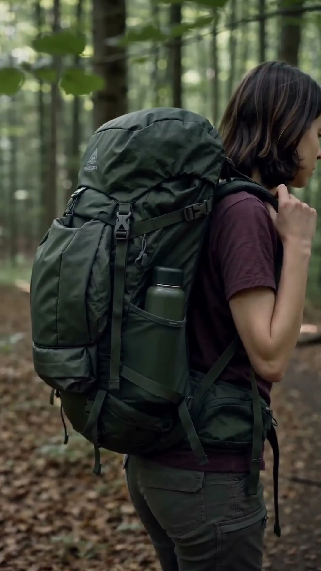 Anna, seen from behind with a large green backpack, pauses in a forest of tall trees.