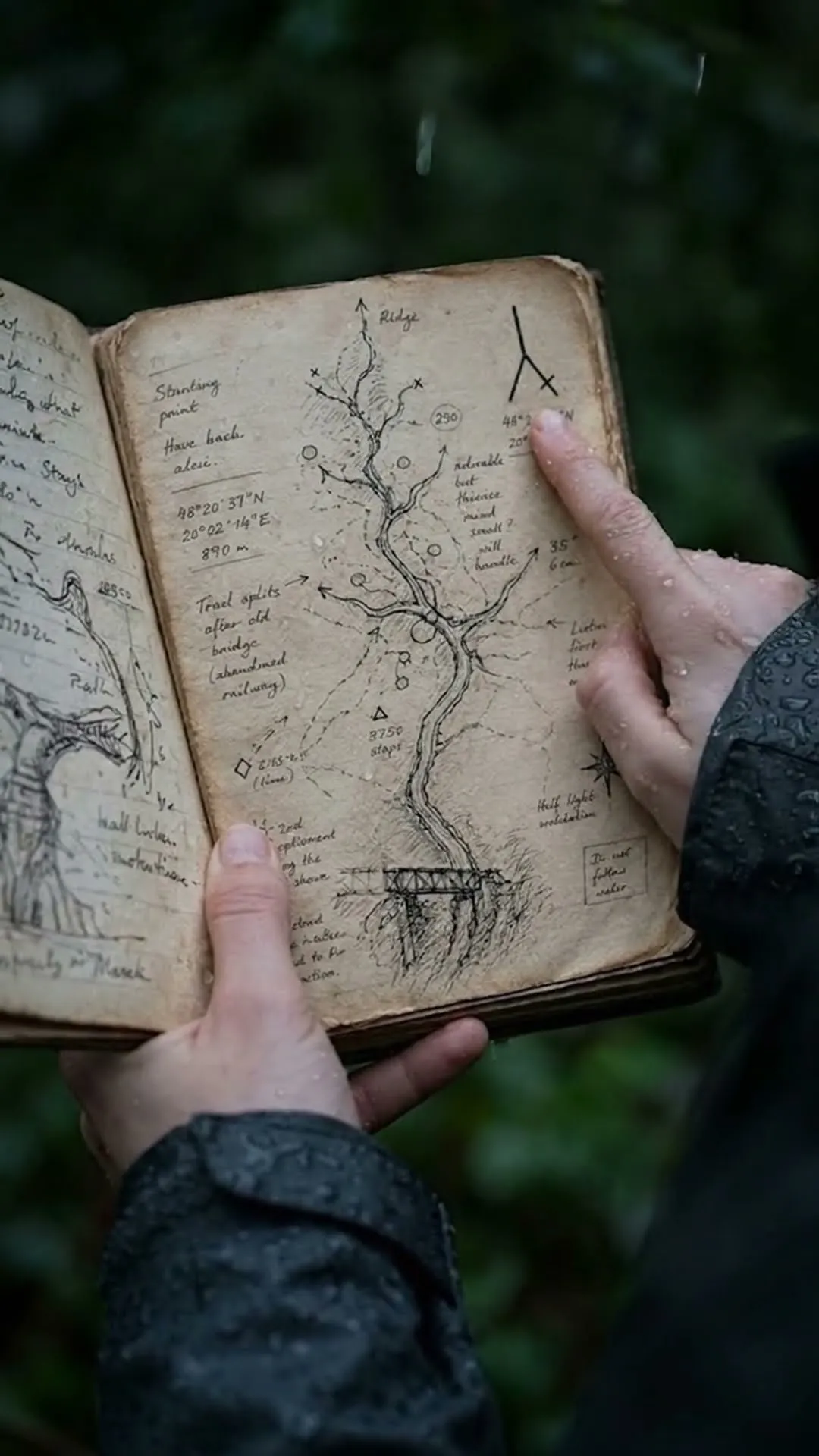 Hands holding an old journal open in the rain, its page showing a hand-drawn trail map.