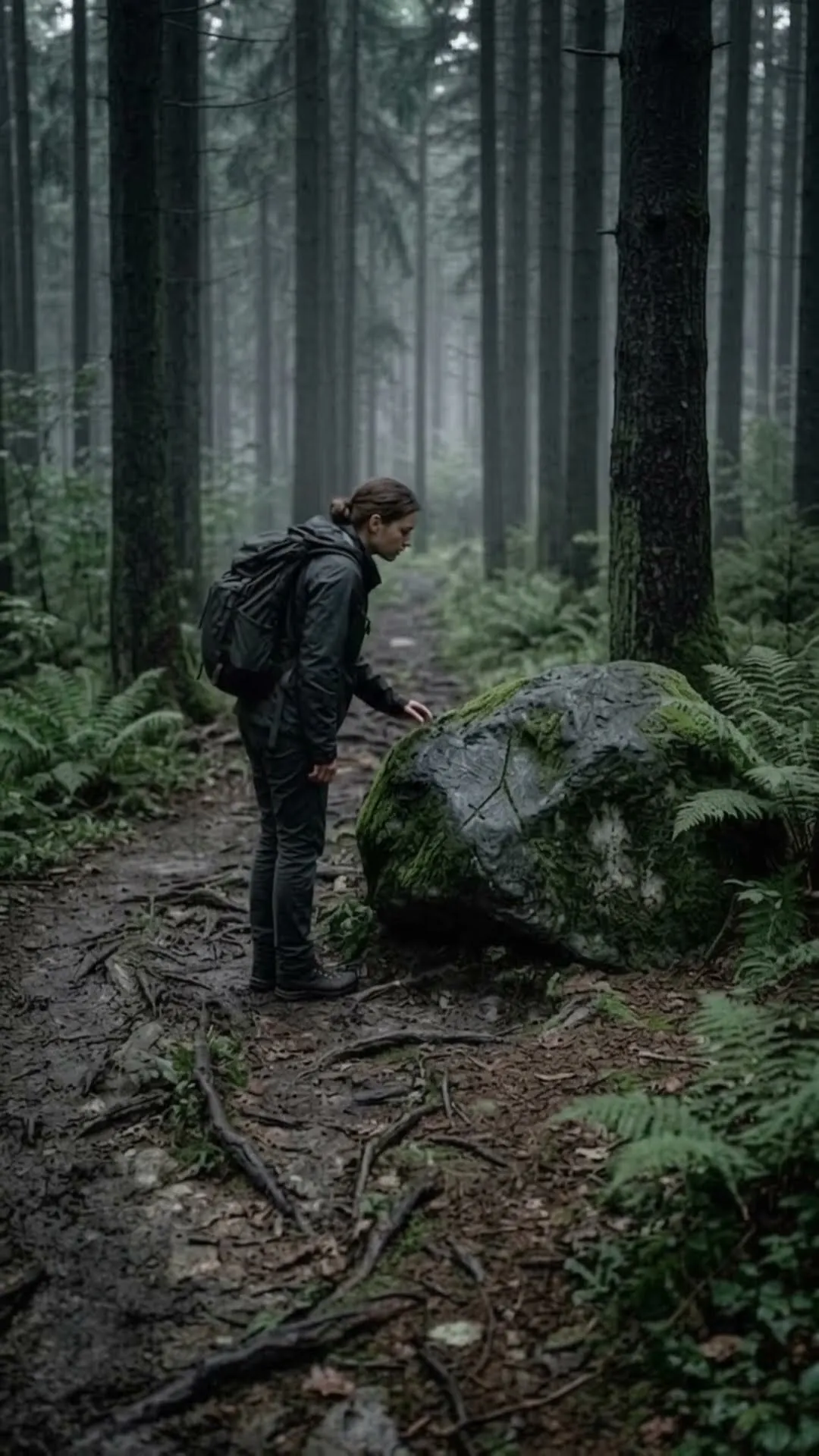 Anna stoops to touch a large moss-covered boulder beside a misty forest path.